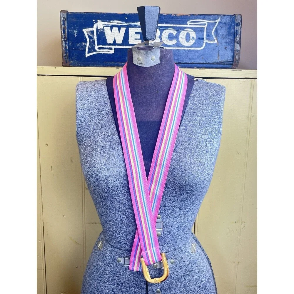 Vintage 1970s Preppy Nautical Pink Rainbow Stripe Belt W/Bamboo Buckle 39”